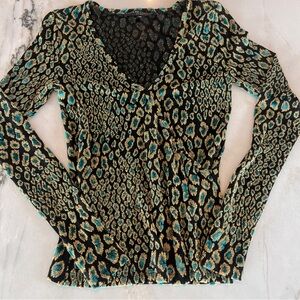 Caroline Constas Leopard Night Out Wrap V-Neck Top Blue Gold XS